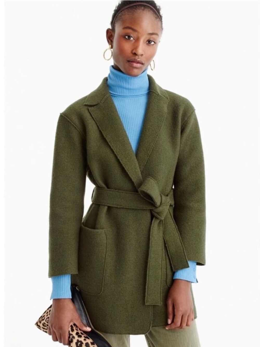 J.Crew Boiled Wool Wrap Coat Forest Green Belted XS